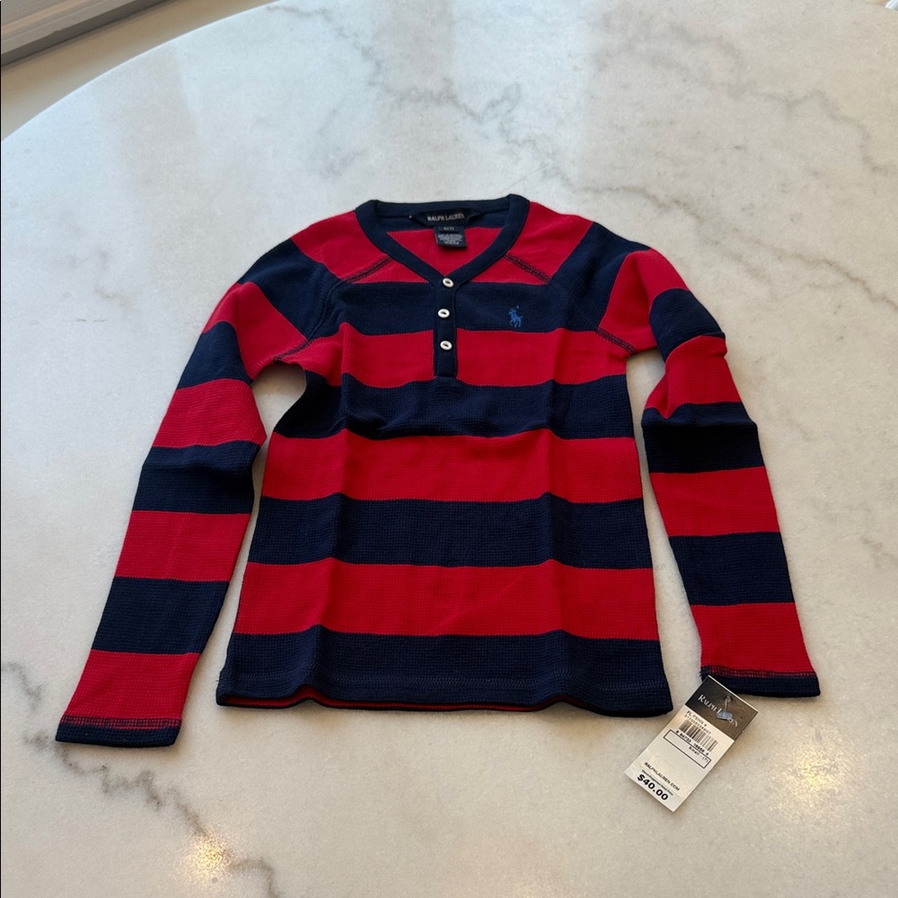 Ralph Lauren Kids Long Sleeve Red and Navy Striped Tee